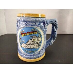 Vintage Blue Drip Glaze Pottery Coffee Mug Stein Virginia State Souvenir Cup